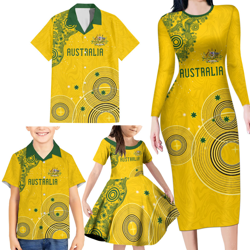 Custom Australia National Football Family Matching Long Sleeve Bodycon Dress and Hawaiian Shirt Socceroos-Aboriginal Dot Art Heritage Graphic