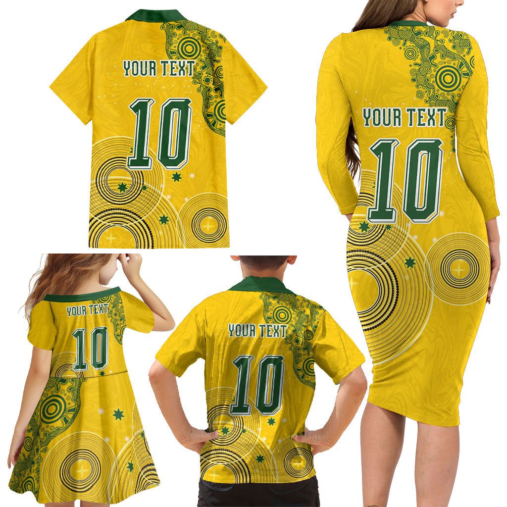 Custom Australia National Football Family Matching Long Sleeve Bodycon Dress and Hawaiian Shirt Socceroos-Aboriginal Dot Art Heritage Graphic