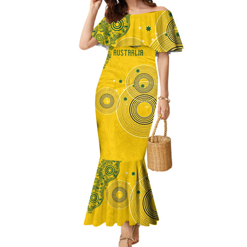 Custom Australia National Football Family Matching Mermaid Dress and Hawaiian Shirt Socceroos-Aboriginal Dot Art Heritage Graphic