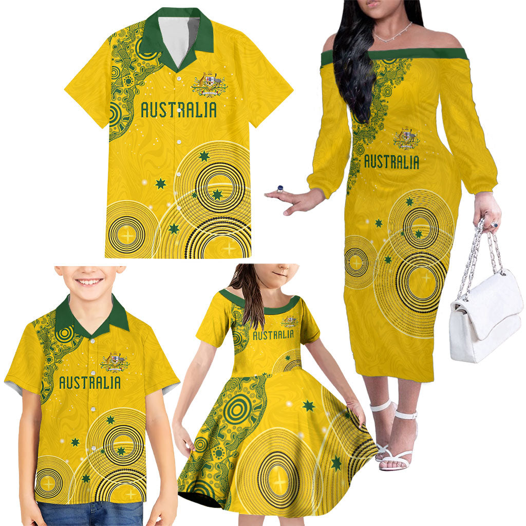 Custom Australia National Football Family Matching Off The Shoulder Long Sleeve Dress and Hawaiian Shirt Socceroos-Aboriginal Dot Art Heritage Graphic