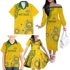 Custom Australia National Football Family Matching Off The Shoulder Long Sleeve Dress and Hawaiian Shirt Socceroos-Aboriginal Dot Art Heritage Graphic