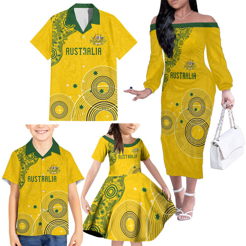 Custom Australia National Football Family Matching Off The Shoulder Long Sleeve Dress and Hawaiian Shirt Socceroos-Aboriginal Dot Art Heritage Graphic