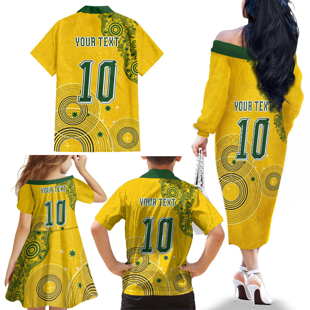 Custom Australia National Football Family Matching Off The Shoulder Long Sleeve Dress and Hawaiian Shirt Socceroos-Aboriginal Dot Art Heritage Graphic