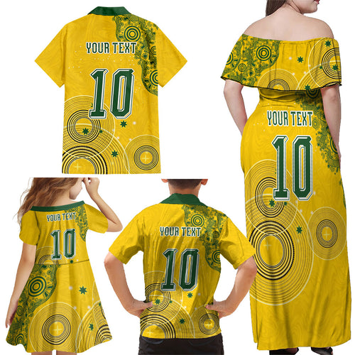 Custom Australia National Football Family Matching Off Shoulder Maxi Dress and Hawaiian Shirt Socceroos-Aboriginal Dot Art Heritage Graphic