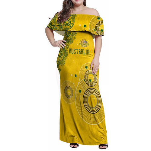 Custom Australia National Football Family Matching Off Shoulder Maxi Dress and Hawaiian Shirt Socceroos-Aboriginal Dot Art Heritage Graphic