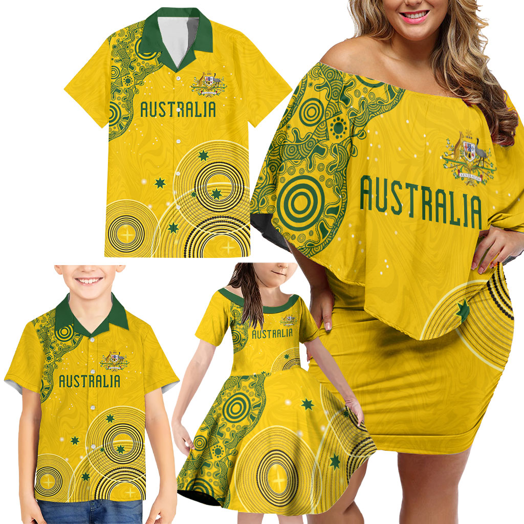 Custom Australia National Football Family Matching Off Shoulder Short Dress and Hawaiian Shirt Socceroos-Aboriginal Dot Art Heritage Graphic