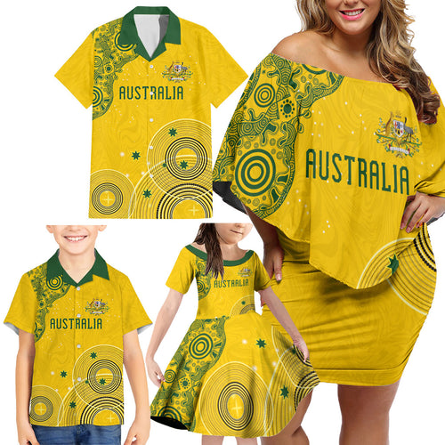 Custom Australia National Football Family Matching Off Shoulder Short Dress and Hawaiian Shirt Socceroos-Aboriginal Dot Art Heritage Graphic