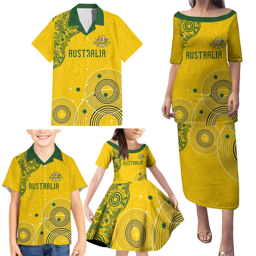 Custom Australia National Football Family Matching Puletasi and Hawaiian Shirt Socceroos-Aboriginal Dot Art Heritage Graphic