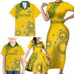 Custom Australia National Football Family Matching Short Sleeve Bodycon Dress and Hawaiian Shirt Socceroos-Aboriginal Dot Art Heritage Graphic