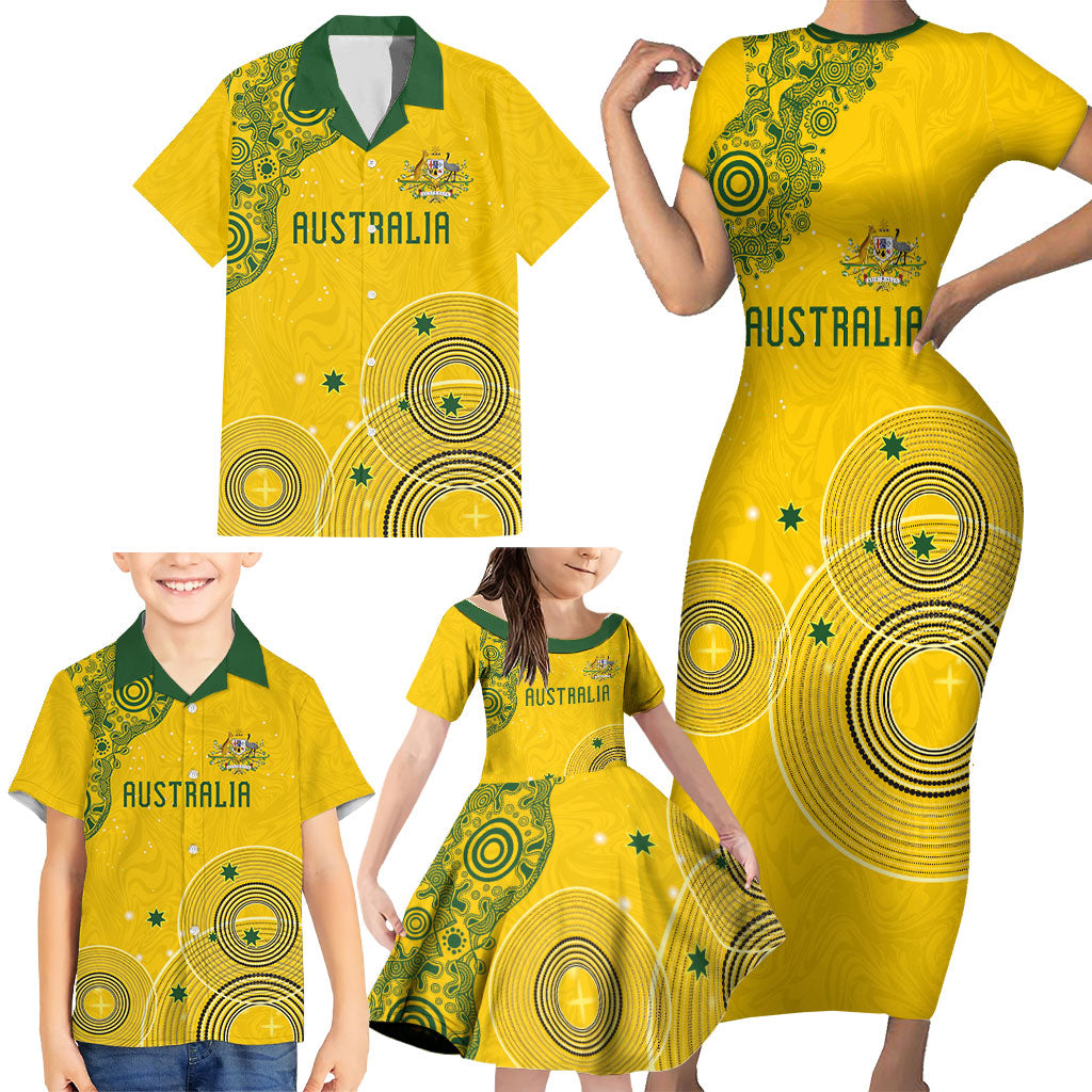 Custom Australia National Football Family Matching Short Sleeve Bodycon Dress and Hawaiian Shirt Socceroos-Aboriginal Dot Art Heritage Graphic