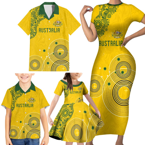 Custom Australia National Football Family Matching Short Sleeve Bodycon Dress and Hawaiian Shirt Socceroos-Aboriginal Dot Art Heritage Graphic