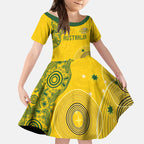 Custom Australia National Football Kid Short Sleeve Dress Socceroos-Aboriginal Dot Art Heritage Graphic