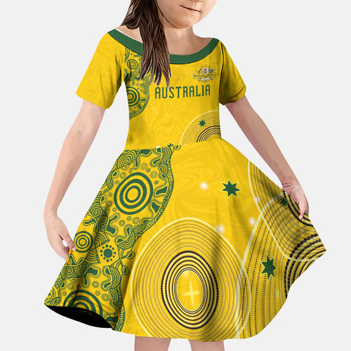 Custom Australia National Football Kid Short Sleeve Dress Socceroos-Aboriginal Dot Art Heritage Graphic
