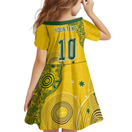 Custom Australia National Football Kid Short Sleeve Dress Socceroos-Aboriginal Dot Art Heritage Graphic