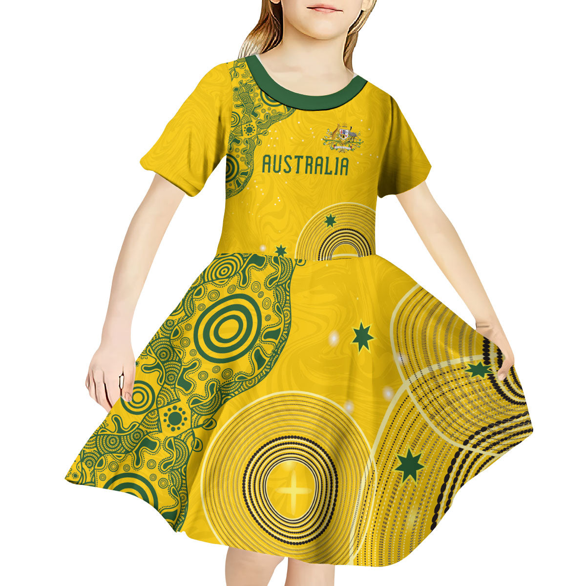 Custom Australia National Football Kid Short Sleeve Dress Socceroos-Aboriginal Dot Art Heritage Graphic