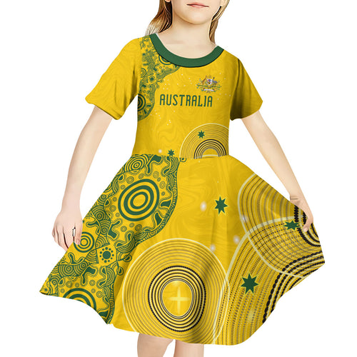 Custom Australia National Football Kid Short Sleeve Dress Socceroos-Aboriginal Dot Art Heritage Graphic