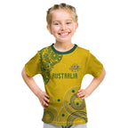 Custom Australia National Football Kid T Shirt Socceroos-Aboriginal Dot Art Heritage Graphic