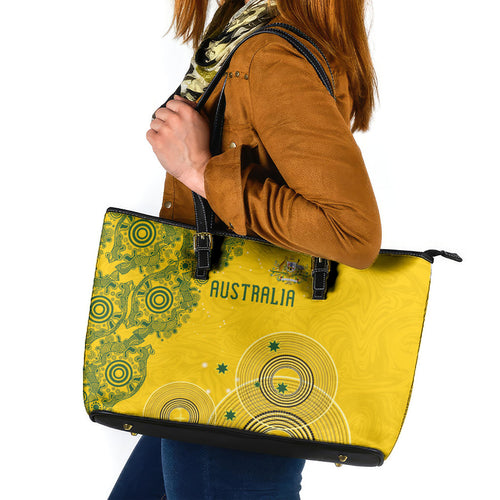 Australia National Football Leather Tote Bag Socceroos-Aboriginal Dot Art Heritage Graphic