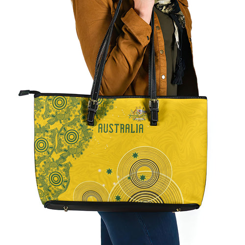 Australia National Football Leather Tote Bag Socceroos-Aboriginal Dot Art Heritage Graphic