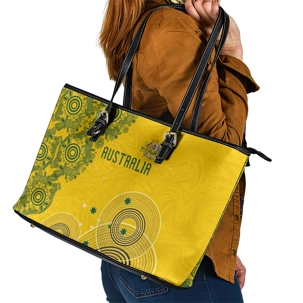 Australia National Football Leather Tote Bag Socceroos-Aboriginal Dot Art Heritage Graphic