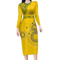 Custom Australia National Football Long Sleeve Bodycon Dress Socceroos-Aboriginal Dot Art Heritage Graphic