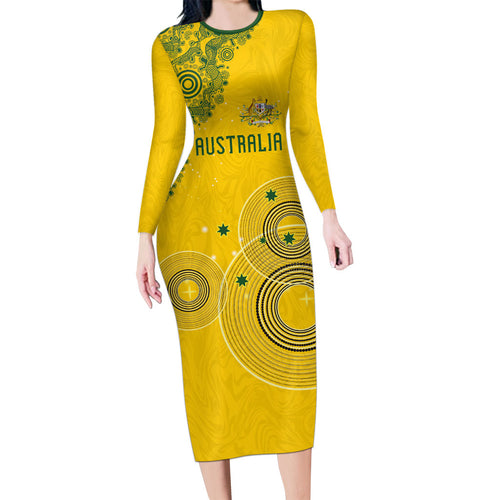 Custom Australia National Football Long Sleeve Bodycon Dress Socceroos-Aboriginal Dot Art Heritage Graphic