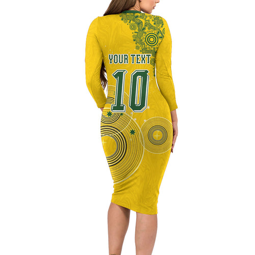 Custom Australia National Football Long Sleeve Bodycon Dress Socceroos-Aboriginal Dot Art Heritage Graphic