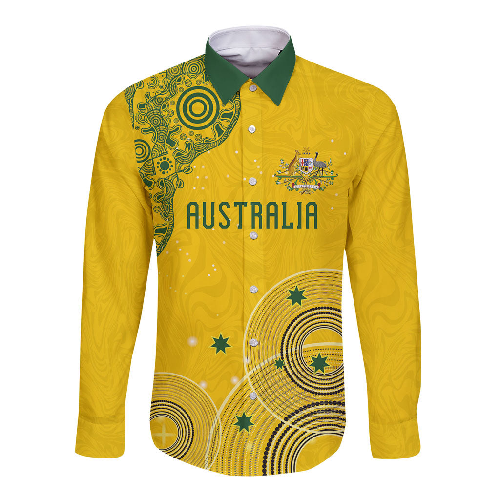 Custom Australia National Football Long Sleeve Button Shirt Socceroos-Aboriginal Dot Art Heritage Graphic
