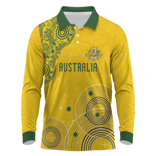 Custom Australia National Football Long Sleeve Polo Shirt Socceroos-Aboriginal Dot Art Heritage Graphic