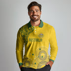Custom Australia National Football Long Sleeve Polo Shirt Socceroos-Aboriginal Dot Art Heritage Graphic