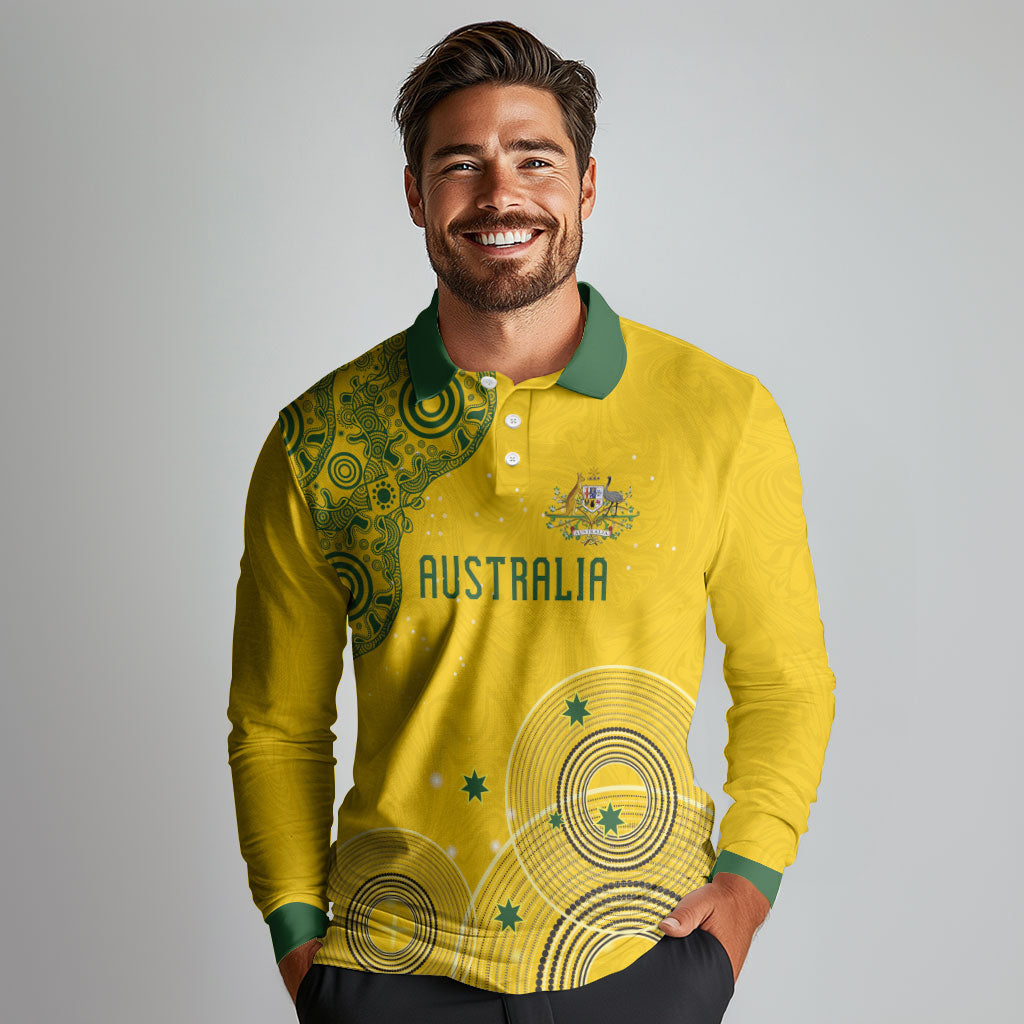 Custom Australia National Football Long Sleeve Polo Shirt Socceroos-Aboriginal Dot Art Heritage Graphic