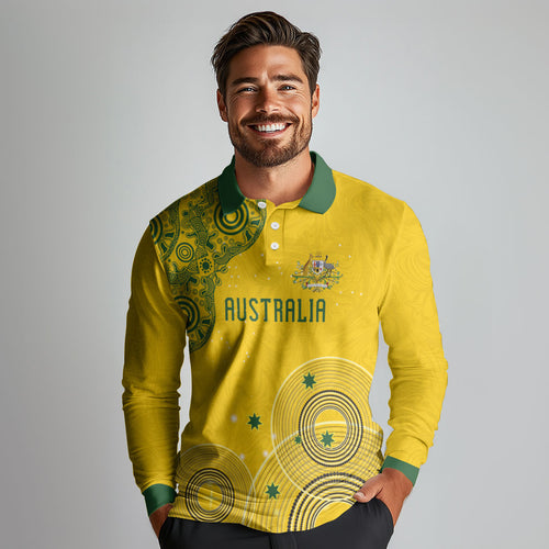 Custom Australia National Football Long Sleeve Polo Shirt Socceroos-Aboriginal Dot Art Heritage Graphic