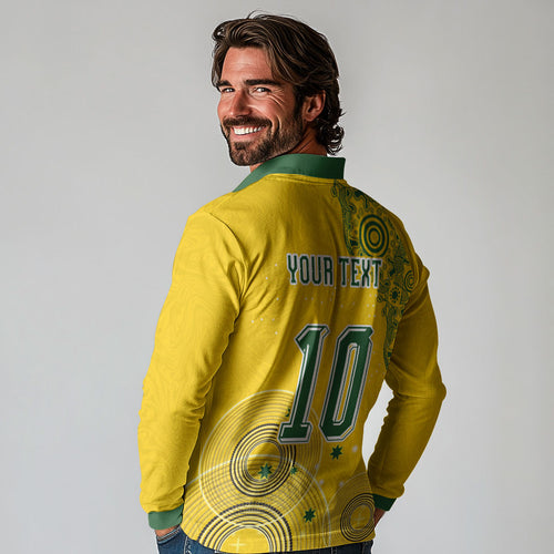 Custom Australia National Football Long Sleeve Polo Shirt Socceroos-Aboriginal Dot Art Heritage Graphic
