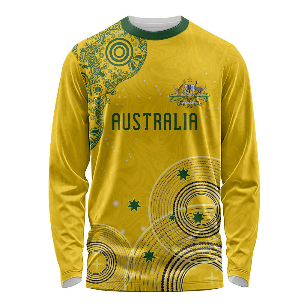 Custom Australia National Football Long Sleeve Shirt Socceroos-Aboriginal Dot Art Heritage Graphic