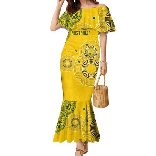 Custom Australia National Football Mermaid Dress Socceroos-Aboriginal Dot Art Heritage Graphic