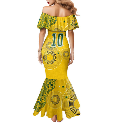 Custom Australia National Football Mermaid Dress Socceroos-Aboriginal Dot Art Heritage Graphic