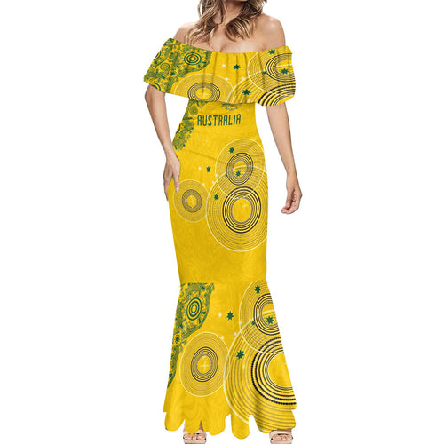 Custom Australia National Football Mermaid Dress Socceroos-Aboriginal Dot Art Heritage Graphic