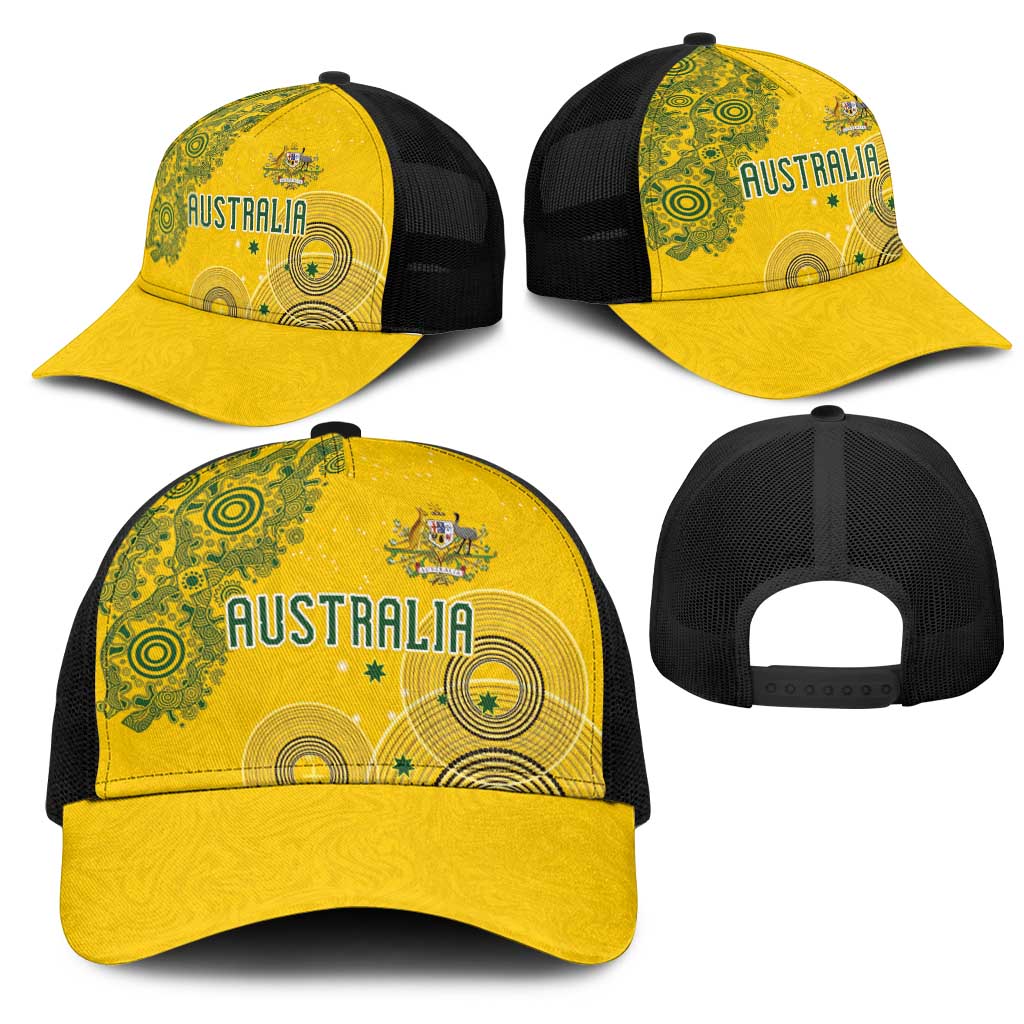 Australia National Football Mesh Trucker Cap Socceroos-Aboriginal Dot Art Heritage Graphic