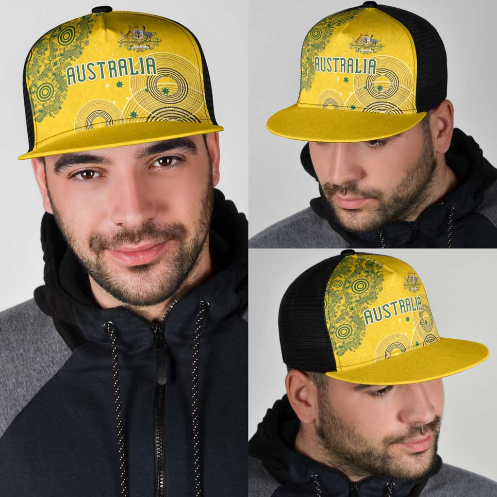 Australia National Football Mesh Trucker Cap Socceroos-Aboriginal Dot Art Heritage Graphic