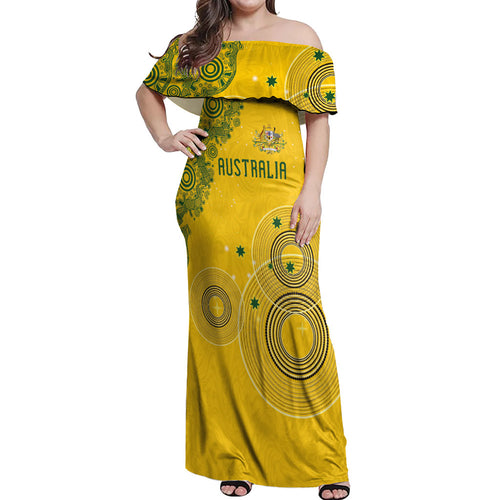 Custom Australia National Football Off Shoulder Maxi Dress Socceroos-Aboriginal Dot Art Heritage Graphic