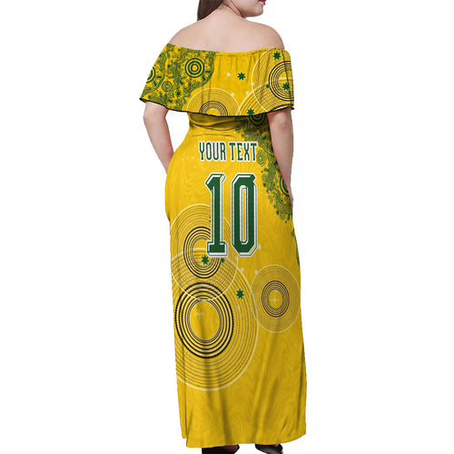 Custom Australia National Football Off Shoulder Maxi Dress Socceroos-Aboriginal Dot Art Heritage Graphic