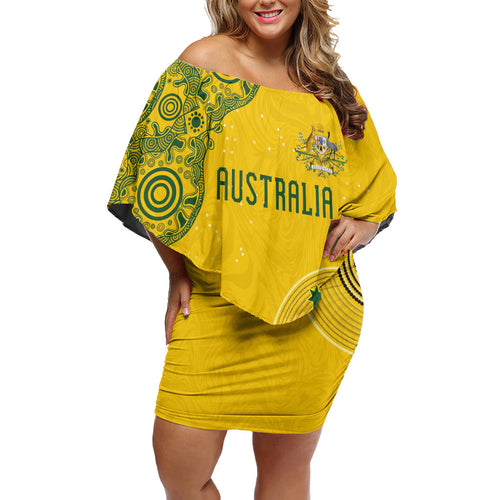 Custom Australia National Football Off Shoulder Short Dress Socceroos-Aboriginal Dot Art Heritage Graphic