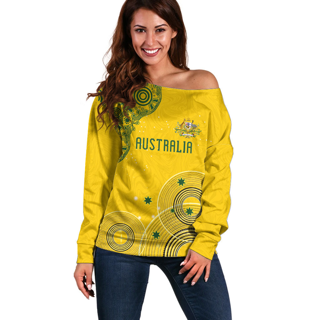 Custom Australia National Football Off Shoulder Sweater Socceroos-Aboriginal Dot Art Heritage Graphic