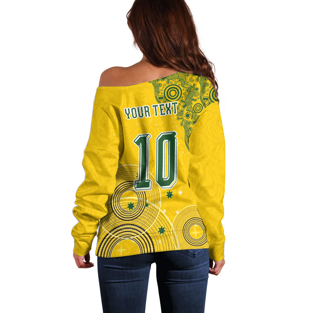 Custom Australia National Football Off Shoulder Sweater Socceroos-Aboriginal Dot Art Heritage Graphic