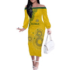 Custom Australia National Football Off The Shoulder Long Sleeve Dress Socceroos-Aboriginal Dot Art Heritage Graphic
