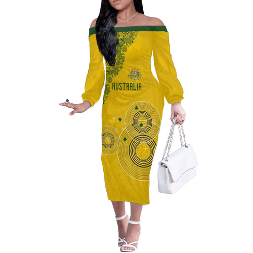 Custom Australia National Football Off The Shoulder Long Sleeve Dress Socceroos-Aboriginal Dot Art Heritage Graphic