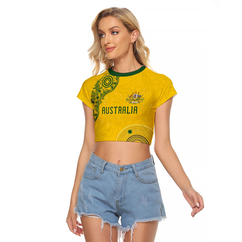 Custom Australia National Football Raglan Cropped T Shirt Socceroos-Aboriginal Dot Art Heritage Graphic
