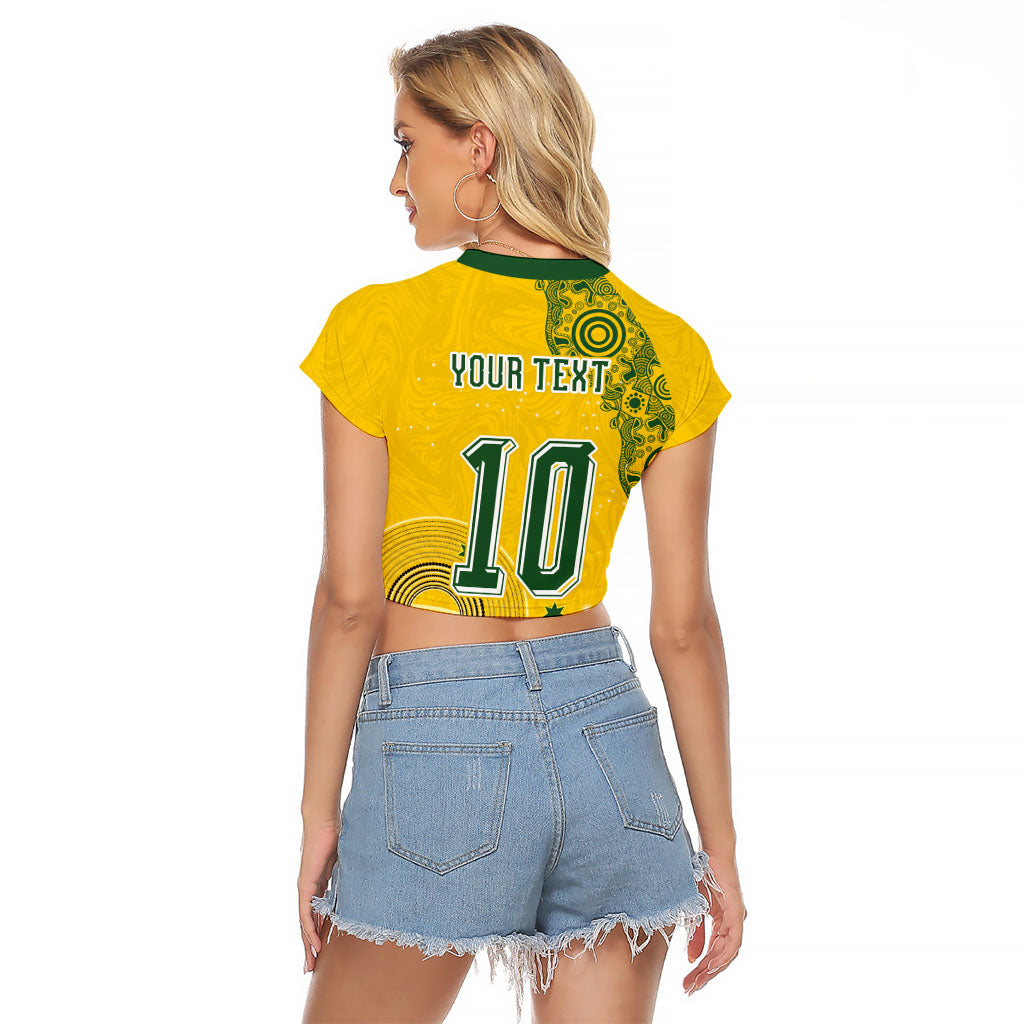 Custom Australia National Football Raglan Cropped T Shirt Socceroos-Aboriginal Dot Art Heritage Graphic