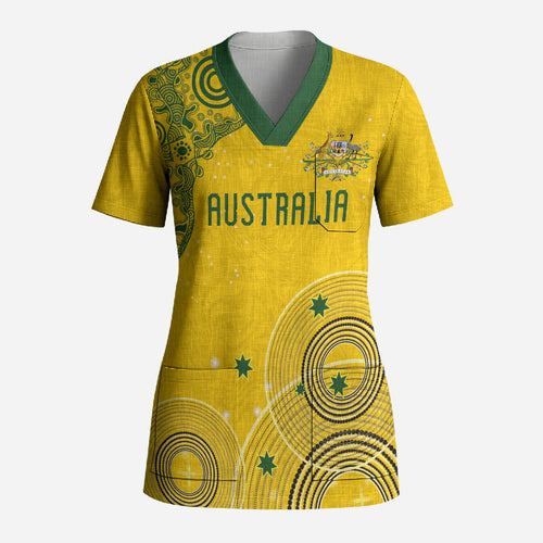 Custom Australia National Football Scrub Top Socceroos-Aboriginal Dot Art Heritage Graphic