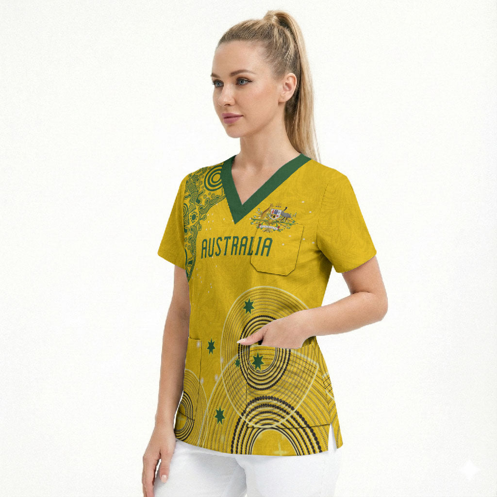 Custom Australia National Football Scrub Top Socceroos-Aboriginal Dot Art Heritage Graphic